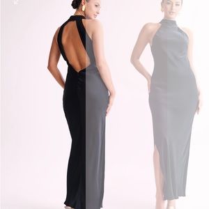 Meshki satin backless black maxi dress halter neck